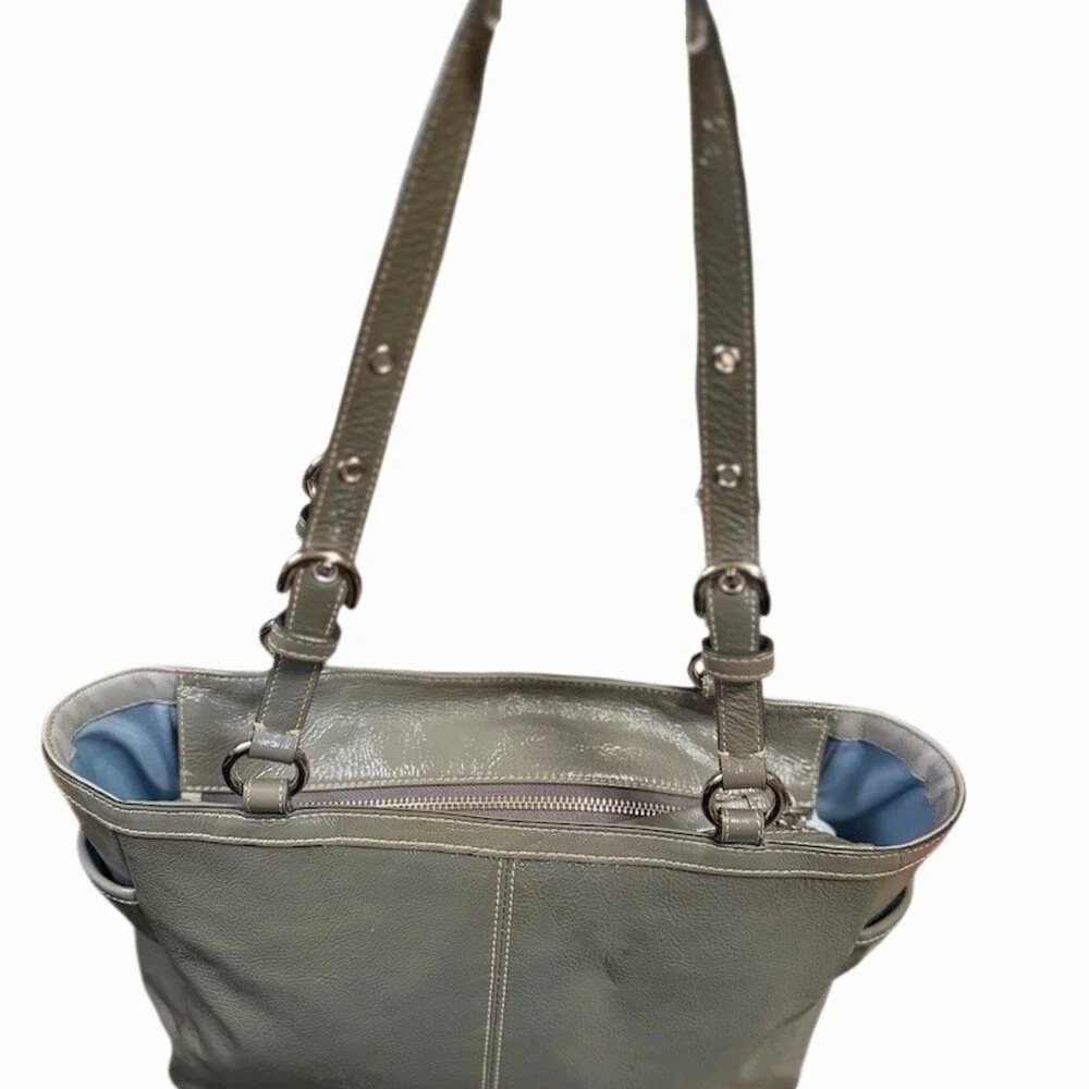 Coach Gallery Tote Patent Leather Metallic Gray Silver Top Zip Shoulder Bag